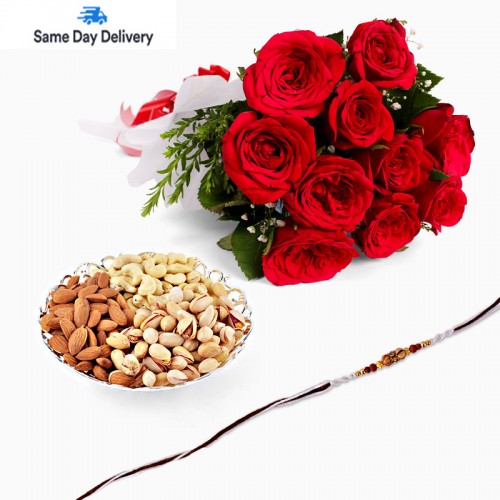 Red Roses with Rakhi & Dry Fruit
